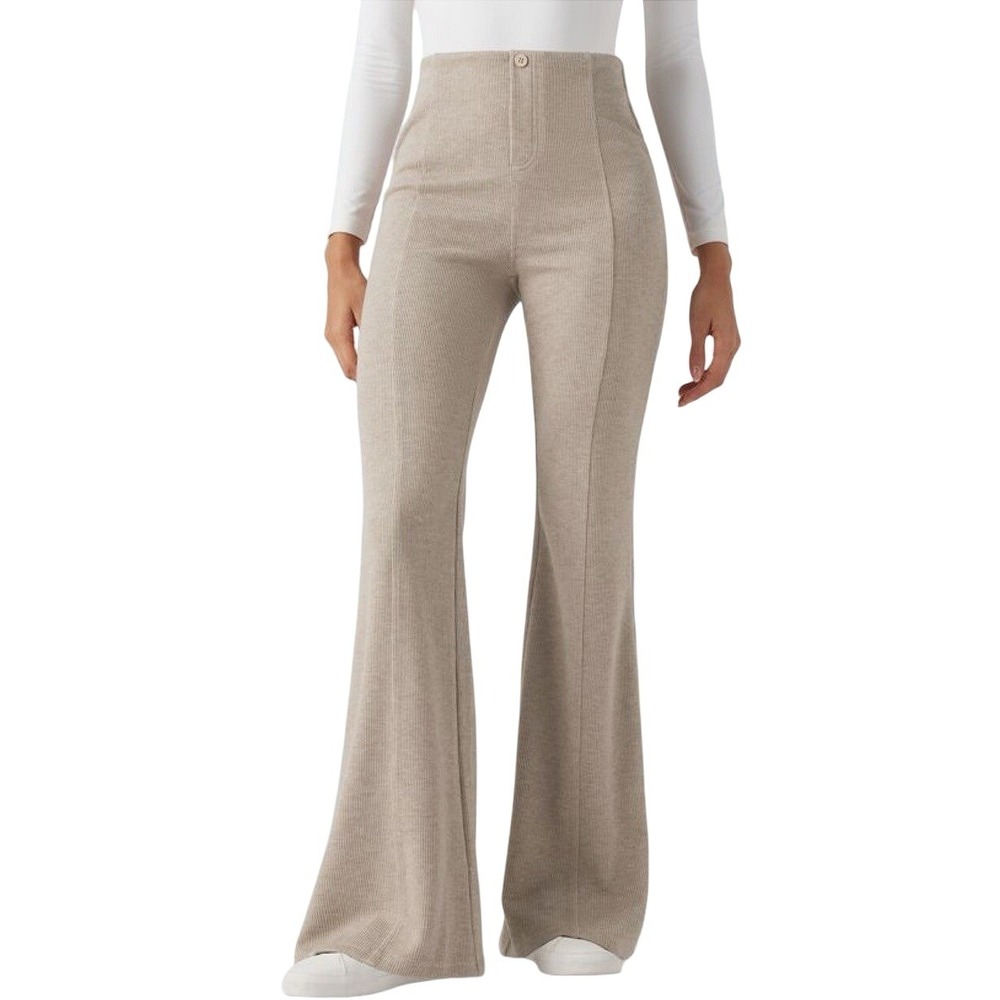 Halara High Waisted Ribbed Tummy Control Flare Leg Pants Oatmeal Beige NWOT